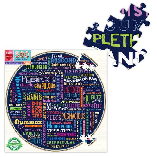 eeBoo Piece & Love "100 Great Words" 500 Piece Round Jigsaw Puzzle